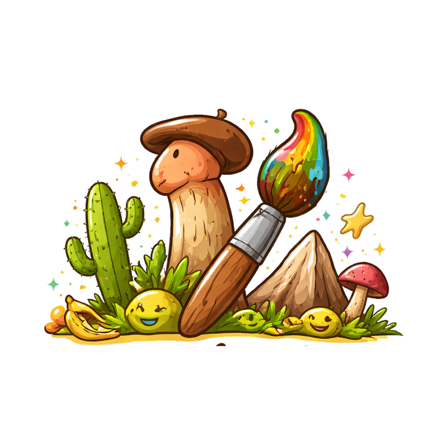 Pilzkünstler mit Regenbogenpinsel